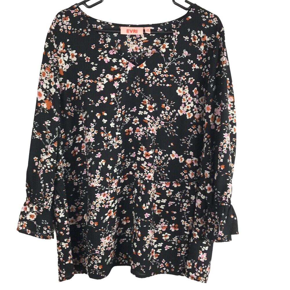 EVRI Blouse Floral Bohemian Side Ties V Neck Bell Sleeve Womens 1X Peplum Top